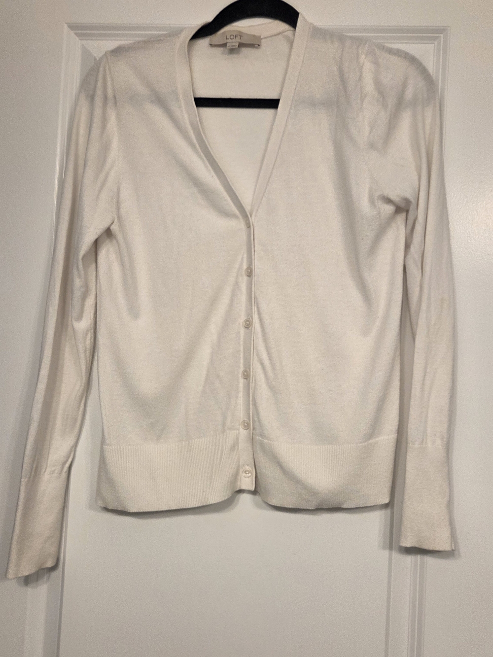 LOFT Women's Cream Button-Up V-Neck Cardigan Sweater